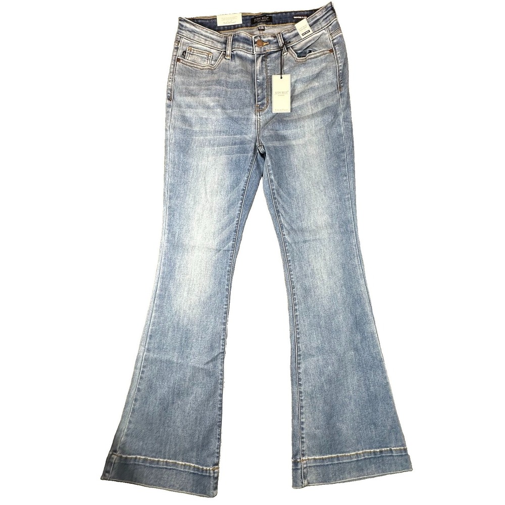 Judy Blue Jeans 11/30 High Waist Trouser Flare Boho Festival Retro Med Wash New - Picture 2 of 13